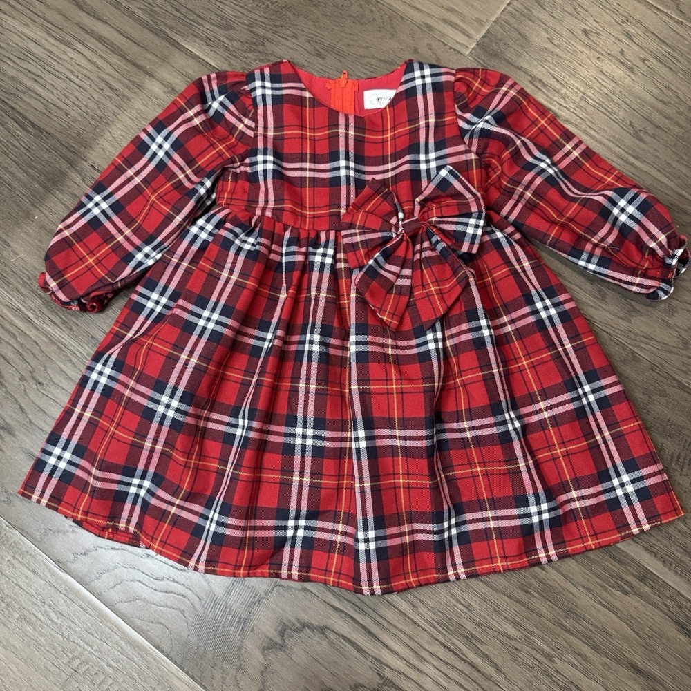 Popatu Tartan Plaid Dress Girls 3T Red‎ Black LS Lined Bow Holiday Party